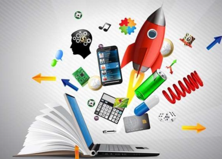 a picture of a spring, rocket, smart phone, cog, musical notes and other things scattered