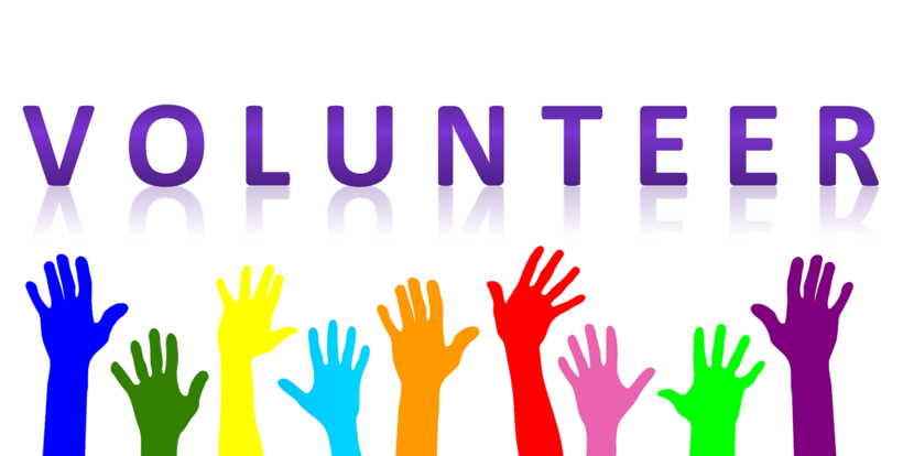 multicoloured hands held in the air under the word Volunteer