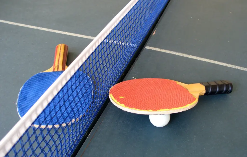 two table tennis bats and a ball by a net on a table