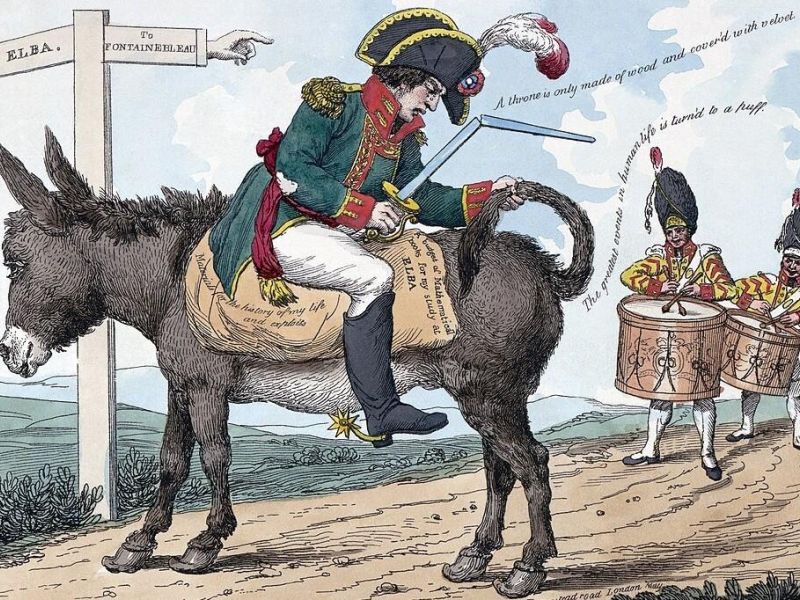 A cartoon of a man in uniform on a donkey, facing towards its tail to illustrate a talk on Trivia