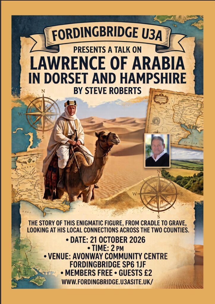 Poster showing T E Lawrence on camel and giving details of the meeting.